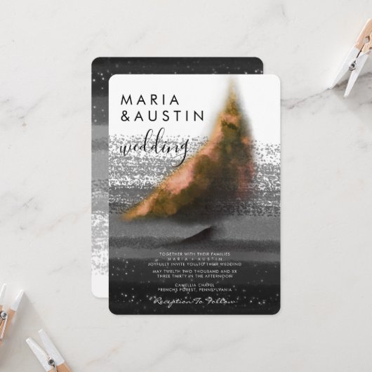 Invitation Elégant bateau en or noir blanc Mariage d'aquarell (Devant/Arrière en situation)