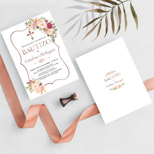 Invitation Élégant Bautizo Con Flores Rose Gold Girl Baptism