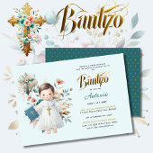 Invitation Elégant BAUTIZO Turquoise Blue Gold Floral Cross