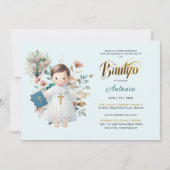 Invitation Elégant BAUTIZO Turquoise Blue Gold Floral Cross (Devant)