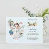 Invitation Elégant BAUTIZO Turquoise Blue Gold Floral Cross (Debout devant)