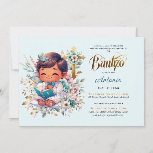 Invitation Elégant BAUTIZO Turquoise Gold Floral Cross (Devant)