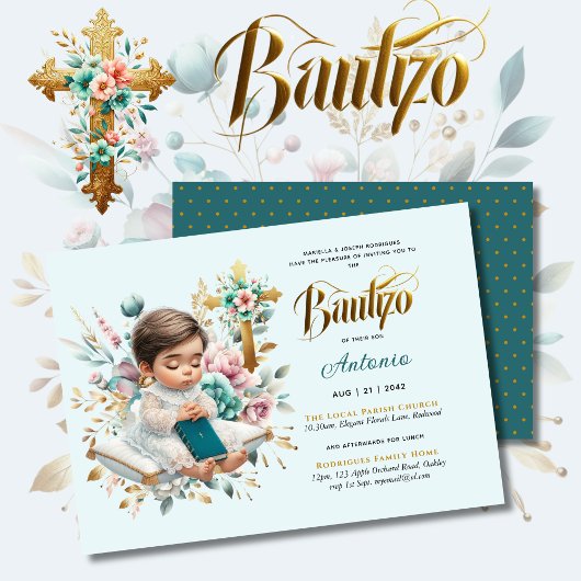 Invitation Elégant BAUTIZO Turquoise Gold Floral Cross