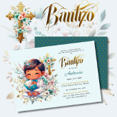 Invitation Elégant BAUTIZO Turquoise Gold Floral Cross