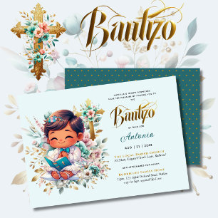 Invitation Elégant BAUTIZO Turquoise Gold Floral Cross