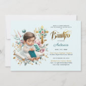 Invitation Elégant BAUTIZO Turquoise Gold Floral Cross (Devant)