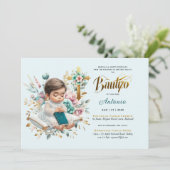 Invitation Elégant BAUTIZO Turquoise Gold Floral Cross (Debout devant)