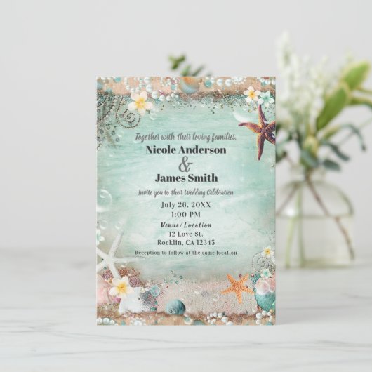 Invitation Elégant Beach Sea Starfish & Pearls Beach Mariage (Debout devant)