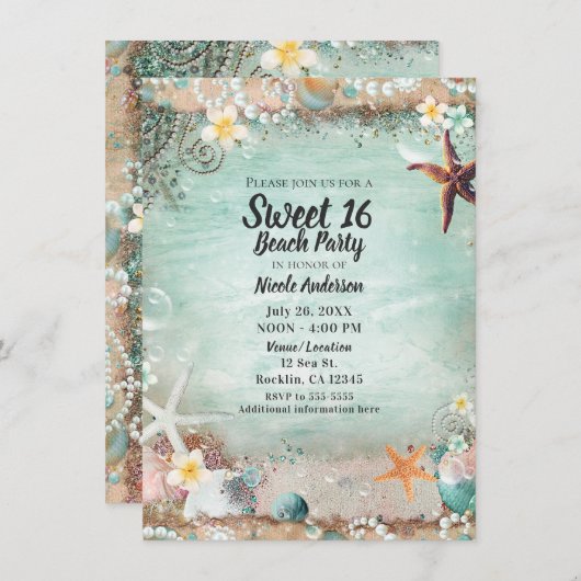 Invitation Elégant Beach Sea Starfish & Pearls Sweet 16 Party (Devant / Derrière)