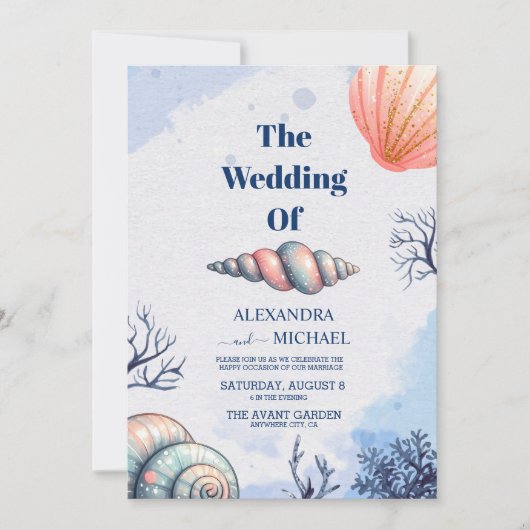 Invitation Elégant Beach Seashell Mariage de script moderne (Devant)