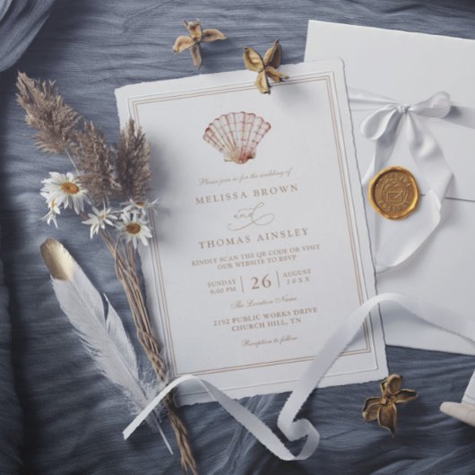 Invitation Elegant Beach Simple Minimalist QR Code Wedding
