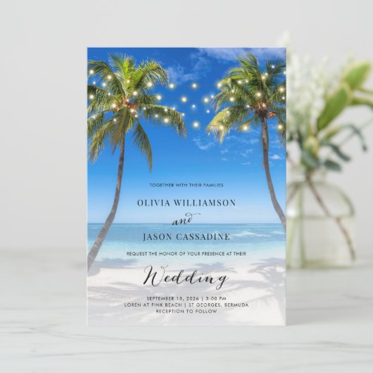 Invitation Élégant Beach String Lumières Mariage de script mo (Debout devant)