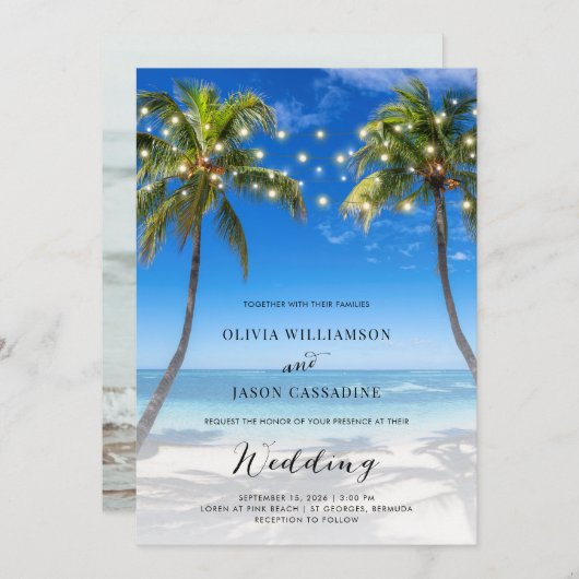 Invitation Élégant Beach String Lumières Mariage de script mo (Devant / Derrière)