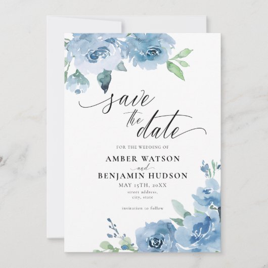Invitation Élégant Bébé Bleu Lumière Boho Floral Enregistrer (Devant)