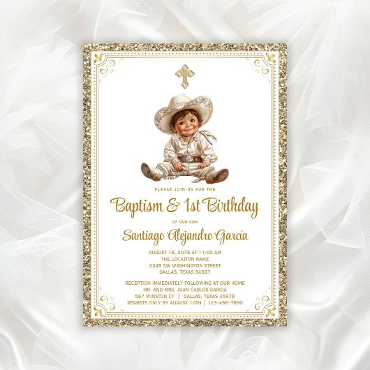 Invitation Elégant Bébé d'or Charro Baptême & Anniversaire