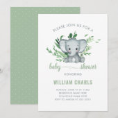 Invitation Élégant bébé éléphant garçon verdure vert blanc (Devant / Derrière)