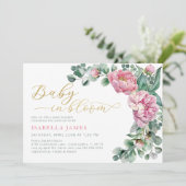 Invitation Élégant bébé en fleur rose Baby shower fille or (Debout devant)