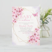 Invitation Élégant bébé rose en fleur Script Baby shower fill (Debout devant)