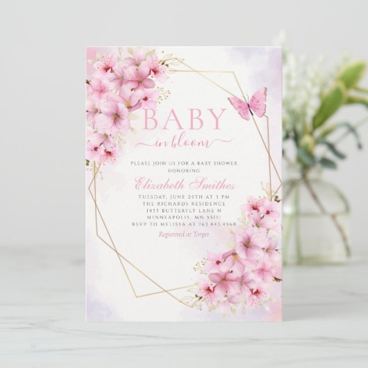 Invitation Élégant bébé rose en fleur Script Baby shower fill (Debout devant)