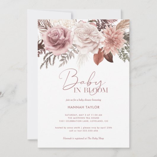 Invitation Élégant bébé rose en fleur Script Baby shower fill (Devant)