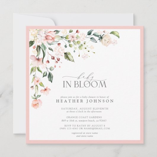 Invitation Élégant bébé rose en fleur Script Baby shower fill (Devant)