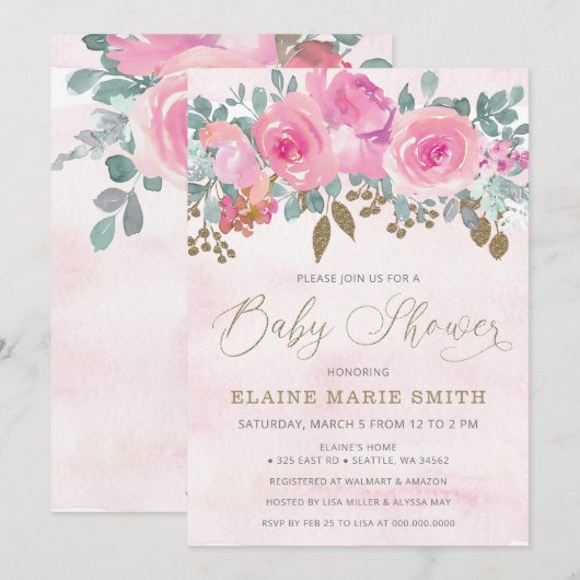 Invitation Élégant bébé rose floral dans le Baby shower en fl (Devant / Derrière)