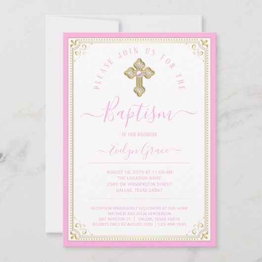 Invitation Élégant Bébé rose Lumière Or Girl Baptême (Devant)