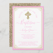 Invitation Élégant Bébé rose Lumière Or Girl Baptême (Devant / Derrière)