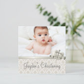Invitation Elégant Beige Damask Boys Photo Christening (Debout devant)