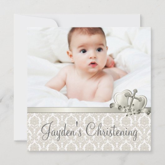 Invitation Elégant Beige Damask Boys Photo Christening (Devant)