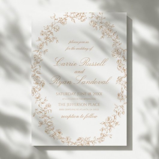 Invitation Elegant Beige Floral Roses Fine Line Art Wedding