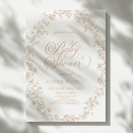 Invitation Elegant Beige Floral Roses Line Art Baby Shower