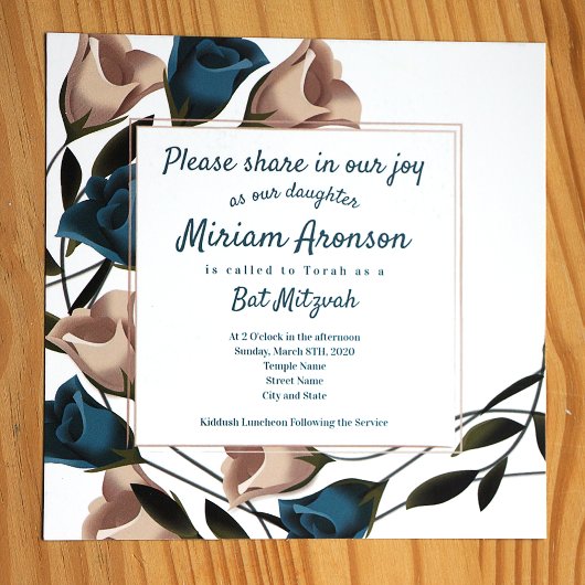 Invitation Elégant Beige Turquoise Rose Bat mitzvah Invitatio