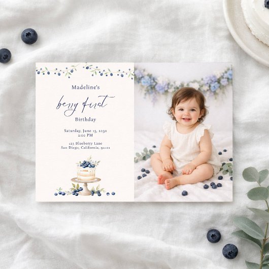 Invitation Elegant Berry First Blueberry Birthday Cake Photo