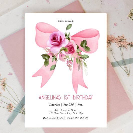 Invitation Elégant Big Pink Bow Rose Floral Anniversaire