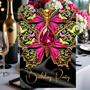 Invitation Élégant Bijou Anniversaire Rose Chaud Noir Or