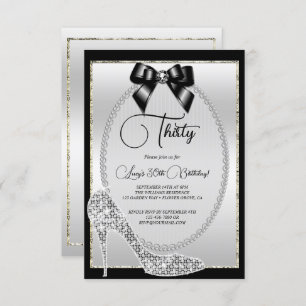 Invitation Elégant bijou d'argent noir Bow & Stiletto Anniver
