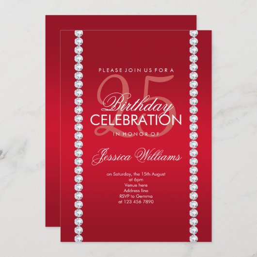 Invitation Elégant bijou diamant Ruby Red Anniversaire (Devant / Derrière)