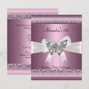 Invitation Élégant bijou papillon satin rose pour 21e anniver