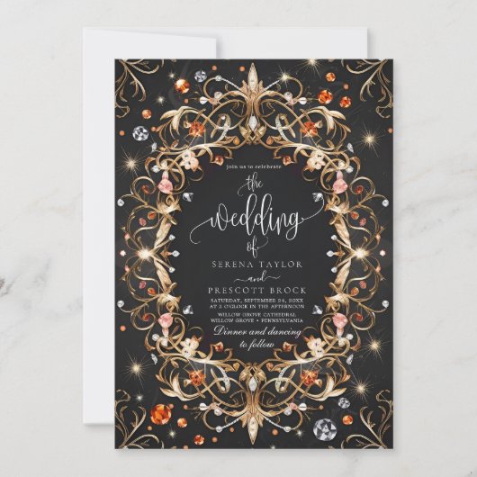 Invitation Élégant Bijoux en noir Mariage décoré (Devant)