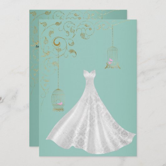 Invitation ELÉGANT Birdcage Robe Mariage simple Vert (Devant / Derrière)