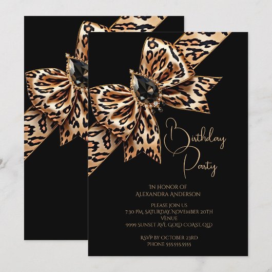 Invitation Elegant Birthday Black Gold Leopard Animal Bow