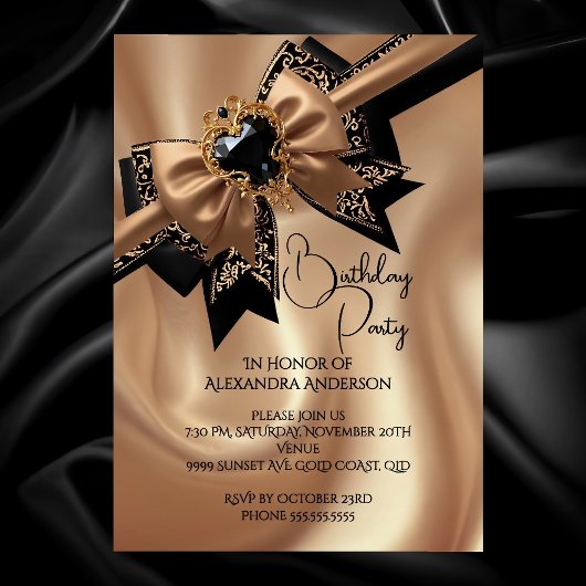 Invitation Elegant Birthday Coffee Gold Black Brocade Bow Gem