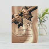 Invitation Elegant Birthday Coffee Gold Black Brocade Bow Gem (Debout devant)