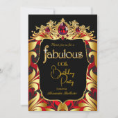 Invitation Elegant Birthday Party Red Gold Black Damask Gems (Devant)