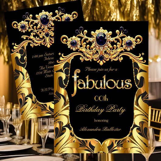 Invitation Elegant Birthday Party Silk Gold Black Damask Gems