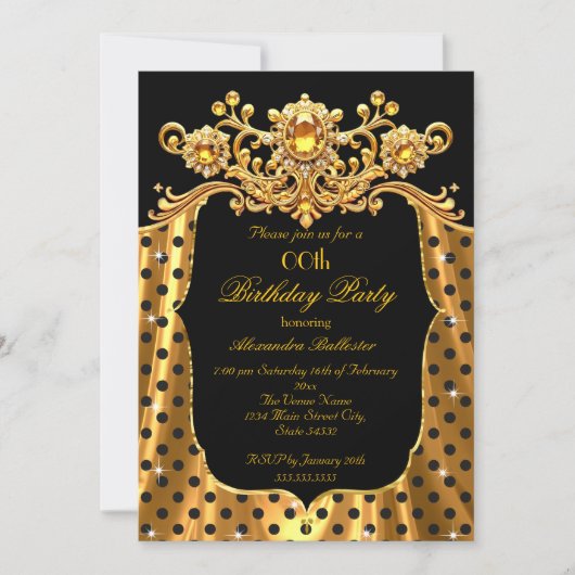 Invitation Elegant Birthday Party Silk Gold Black Polka Dots (Devant)