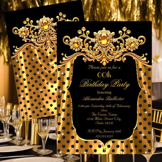 Invitation Elegant Birthday Party Silk Gold Black Polka Dots