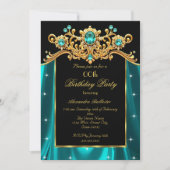 Invitation Elegant Birthday Party Teal Blue Silk Gold Gems (Devant)
