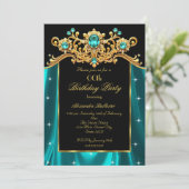 Invitation Elegant Birthday Party Teal Blue Silk Gold Gems (Debout devant)